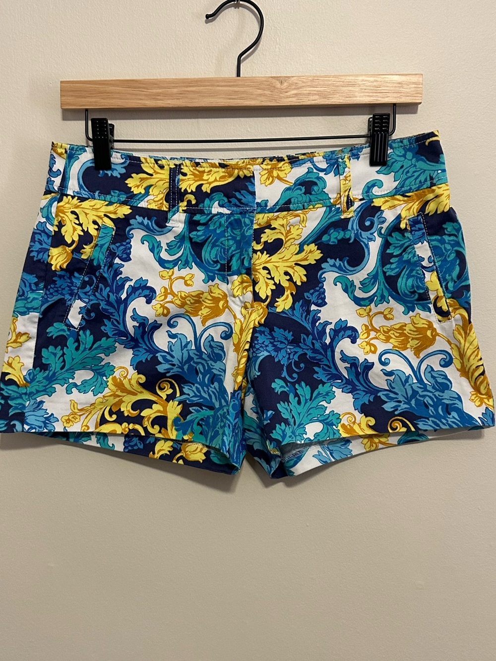 Cache Blue, Teal & Yellow Scroll-Print Cotton Shorts